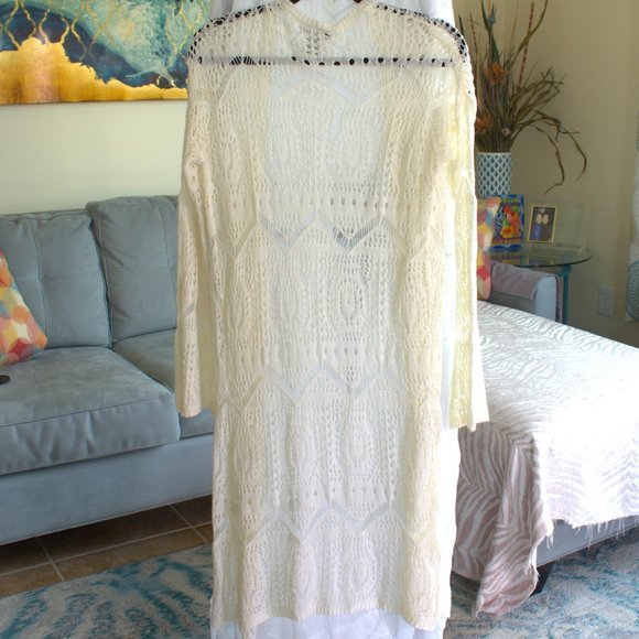 Long Cream Colored Knitted Cardigan | Swimsuit Coverup - Picture 2 of 4